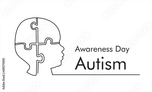 Continuous one line drawing of head of child and grup of puzzle. Autism awareness concept art. Accept autism and understand the challenges associated with it. 