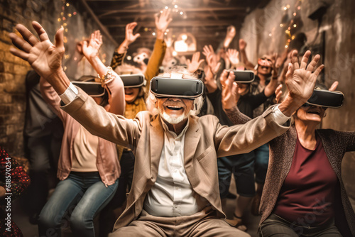 Funny old people partying wearing VR glasses. Generative AI. © dummy