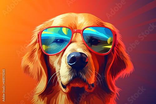 Cute Golden Retriever wearing Sunglasses, Colorful Background, AI-Generated Image  © WholesomeArtist
