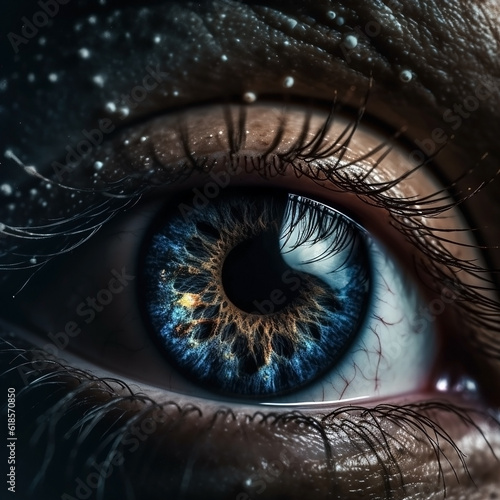 Leinwand Poster Realistic human eye with reflection of galaxy illustration
