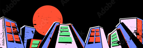 Retro city. Vector illustration in brutalism style with texture.