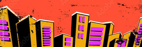 Retro city. Vector illustration in brutalism style with texture.