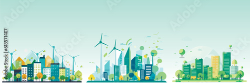 Abstract flat vector illustration of green eco city. © serdjo13