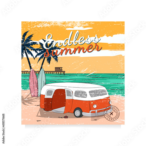 Beach Retro Poster . House on the beach, palms, coast, surf, ocean.