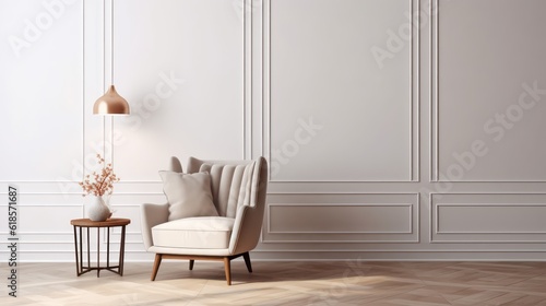 Fototapeta Naklejka Na Ścianę i Meble -  Modern classic interior.Armchair,pillows,side table with vase and ceiling lamp.White wall and wooden floor. 3d rendering