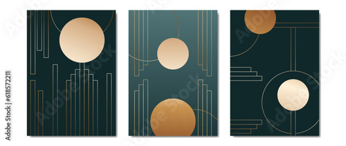 Set of abstract geometry patterns in art deco style. Vector luxury gold and luxury invitation background design in dark blue. For invitation, cover, vip card, print, poster.