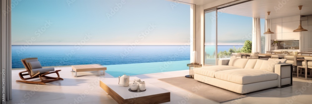 Fototapeta premium Panorama of living room modern beach house or hotel with swimming pool and terrace.3d rendering