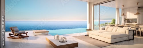 Panorama of living room modern beach house or hotel with swimming pool and terrace.3d rendering © Eli Berr