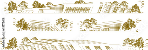 Vector sketch of futuristic modern minimalist museum building architectural design illustration