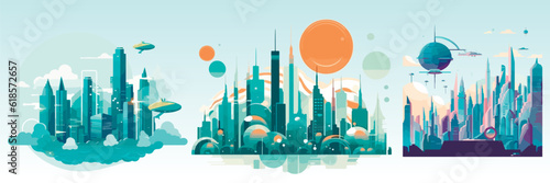 Abstract flat vector illustration of futuristic sky city.