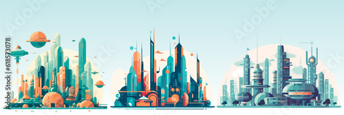 Abstract flat vector illustration of futuristic sky city.