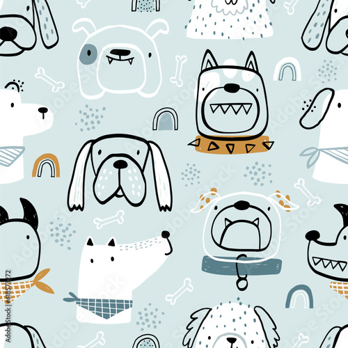 Vector hand-drawn color seamless repeating childish simple pattern with cute dogs, rainbows, bones in Scandinavian style on a mint background. Children's texture with dogs. Dogs print. Pets.