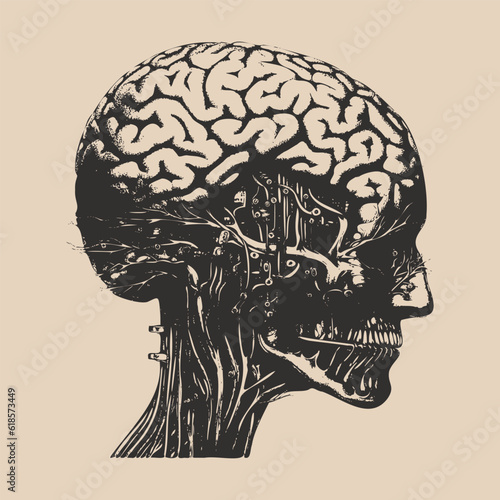 Engraving vintage retro illustration of future education system ai artificial intelligence brain mind human head cyborg. Gravure graffiti style poster. Graphic Art.. Illustration.