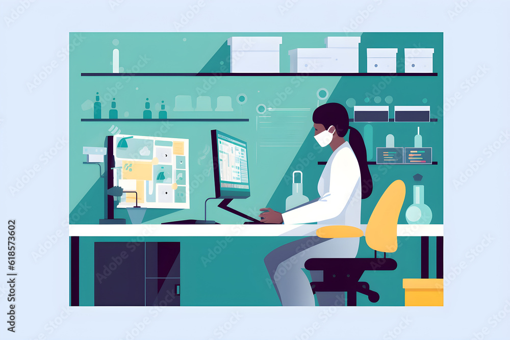 Flat vector illustration healthcare technology medicine doctor touching digital global network of medical data exchange digital healthcare on social network connection with hologram modern interface f