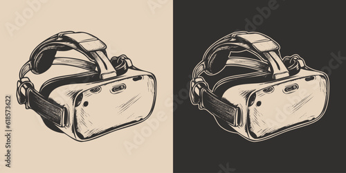 Vintage retro engraving hand drawn vr virtual reality ai mask headset helmet glass. Future innovation technology education cyber. Graphic Art Vector Illustration