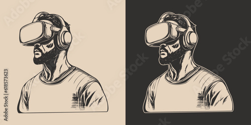 Vintage retro engraving hand drawn vr virtual reality ai mask headset helmet glass. Future innovation technology education cyber. Graphic Art Vector Illustration