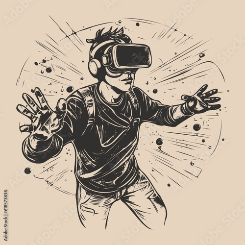 Vintage retro engraving hand drawn vr virtual reality ai mask headset helmet glass. Future innovation technology education cyber. Graphic Art Vector Illustration