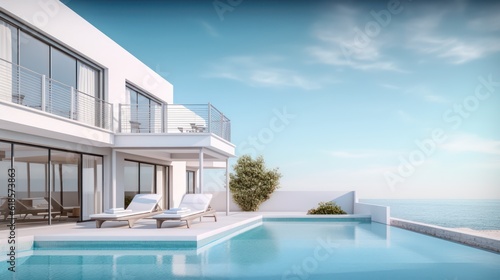 Sea view.Luxury modern white beach hotel with swimming pool.Sunbed on sundeck for vacation home or hotel.3d rendering