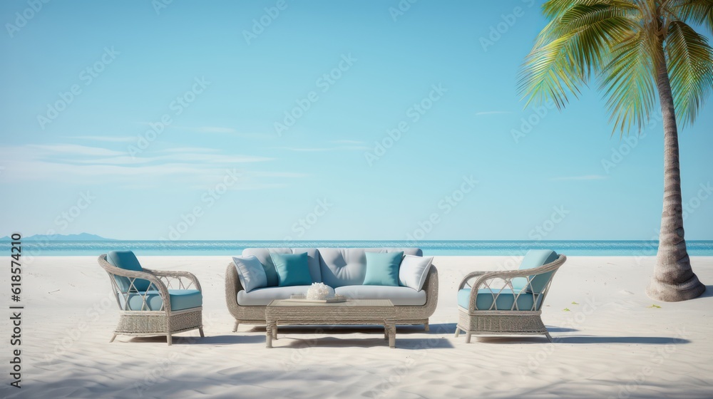 Sofa and chair on sand beach with palm.Concept for vacation and relaxation.3d rendering