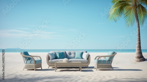 Sofa and chair on sand beach with palm.Concept for vacation and relaxation.3d rendering © Eli Berr