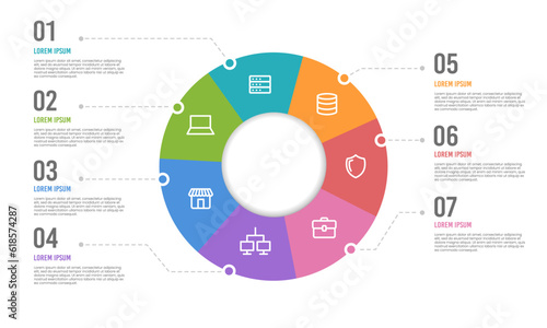 Pie chart infographic design template with 7 options for presentations advertising, layouts, annual reports, and marketing. Vector illustration.