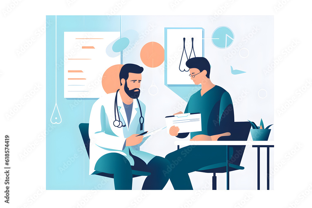 Flat vector illustration healthcare teamwork male doctor and assistant reviewing patient s health history having discussion in hospital office