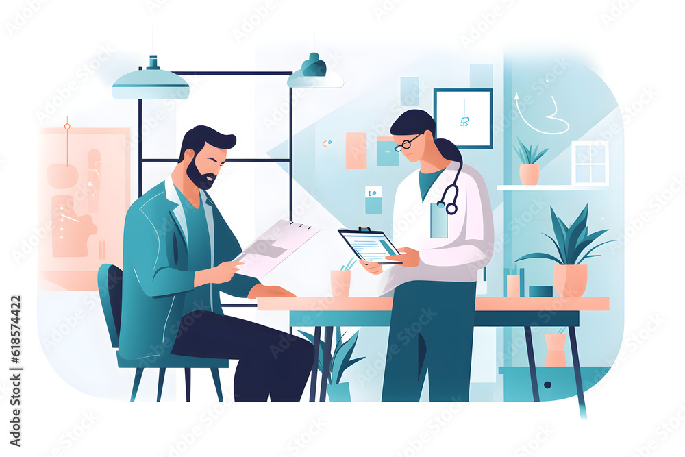 Flat vector illustration healthcare teamwork male doctor and assistant reviewing patient s health history having discussion in hospital office