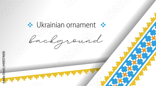 Ukrainian minimalistic vector background, banner, poster with paper layers and shadows . Ukrainian blue and yellow background with cross stitch ornament