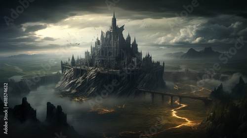 Fantasy night dark landscape, night gloomy castle, ancient dark city. 3D illustration Generative AI