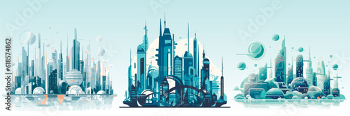 Abstract flat vector illustration of futuristic sky city.