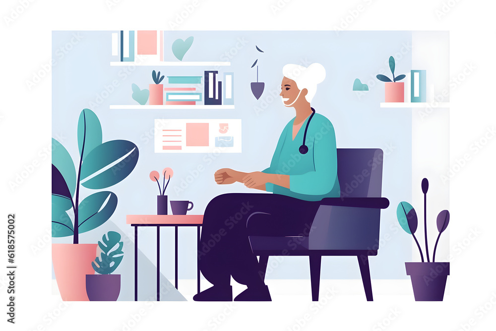 Flat vector illustration healthcare support and a nurse talking to an old woman in a nursing home during a visit or checkup medical empathy and a female medicine professional having a conversation wit