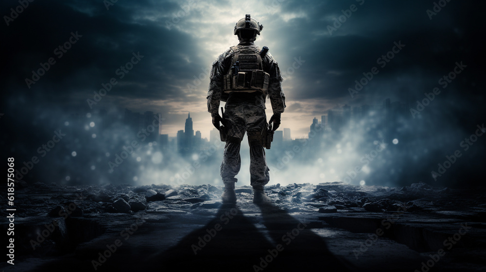 American soldier in combat ammunition with weapon in the hands of equipped laser sights is in battle order. Mixed media Generative AI American soldier in combat ammunition with weapon in the hands of equipped laser sights is in battle order. Mixed media Generative AI