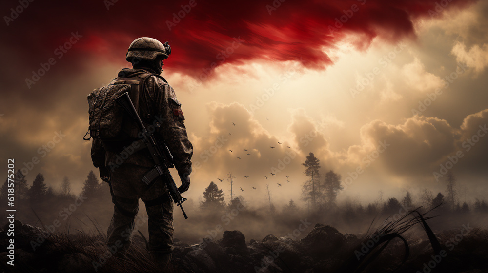 Armed soldier with sniper in the middle of a dust storm Generative AI Armed soldier with sniper in the middle of a dust storm Generative AI