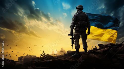 Obraz na plátně Photo of ukrainian soldier in full body armor holding rifle on devastated and ruined war city with tanks and helicopters background