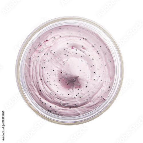 Closeup pink texture rich creamy smoothing shower and bath cream scrub with organic particles and oils for gentle exfoliation and nourishment, in glass jar, isolated on transparent background. 
