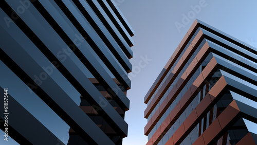 Two modern buildings with glass windows. Architecture design of buildings. Office space, houses at sunset in the evening. 3D render.