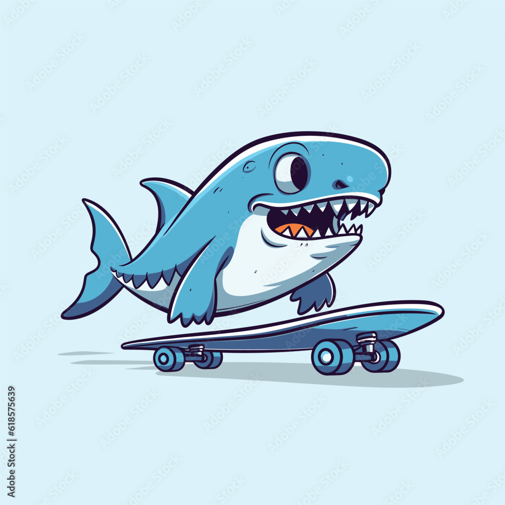 cute shark riding skateboard summer sport vector illustration