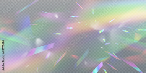 Overlay rainbow effect, prism crystal light refraction. Lens flare, glass, jewelry or gem stone blurred reflection glare, optical physics effect on black background	