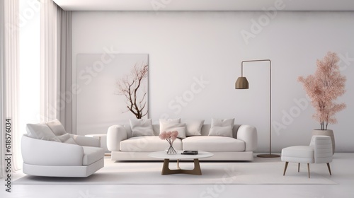 White living room in modern style.Sofa armchair and table.Minimal concept.3d rendering