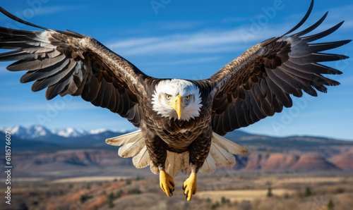The bald eagle while flying in the sky, generative AI