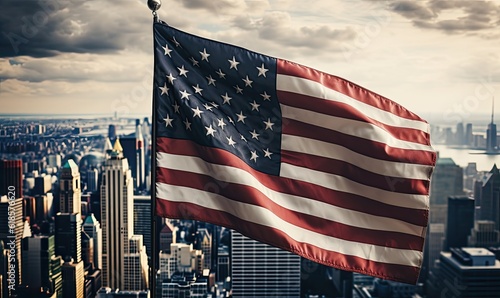 The usa or united states of america flag near skyscrapers under a cloudy sky  generative AI