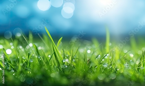World environment day concept, green grass and blue sky abstract background with bokeh, generative AI