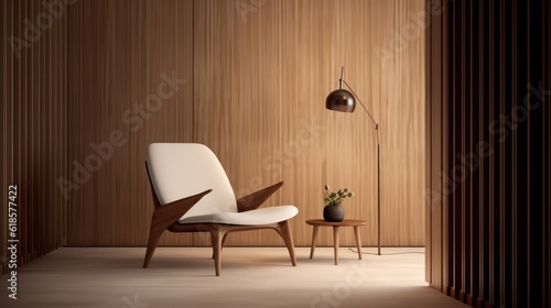 Wood tones living room in modern style with chair,lamp and wooden wall.3d rendering