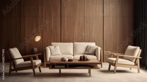 Wood tones living room in modern style with sofa,chair,lamp and wooden wall.3d rendering