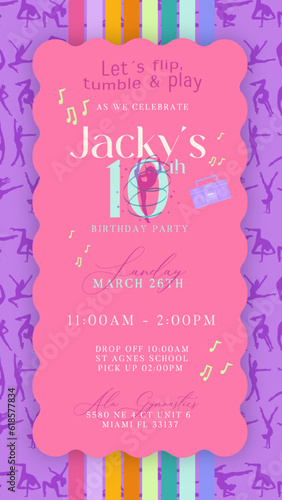 Gym Invitation Girl Gymnastic Dance Birthday Invite Music 