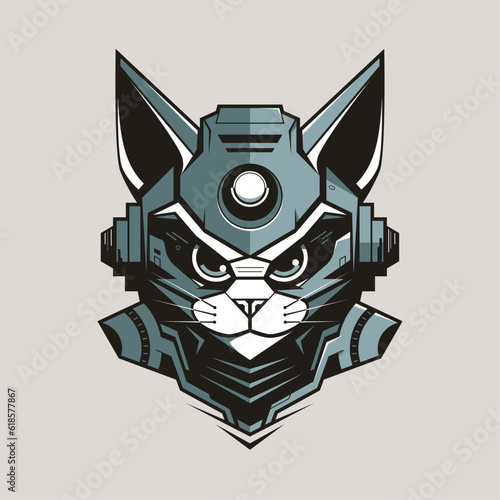 Cyber cat portrait. Robot catoon style animal head logo or icon design.
