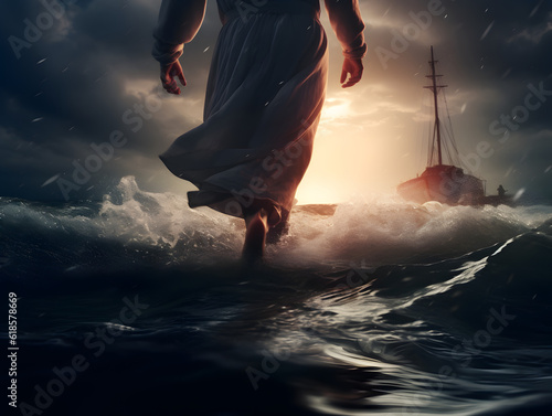 Jesus Christ walking towards the boat in the evening. AI generated
