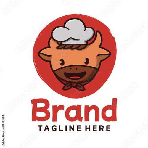 Cute Cow Chef Head Mascot Food Logo Design