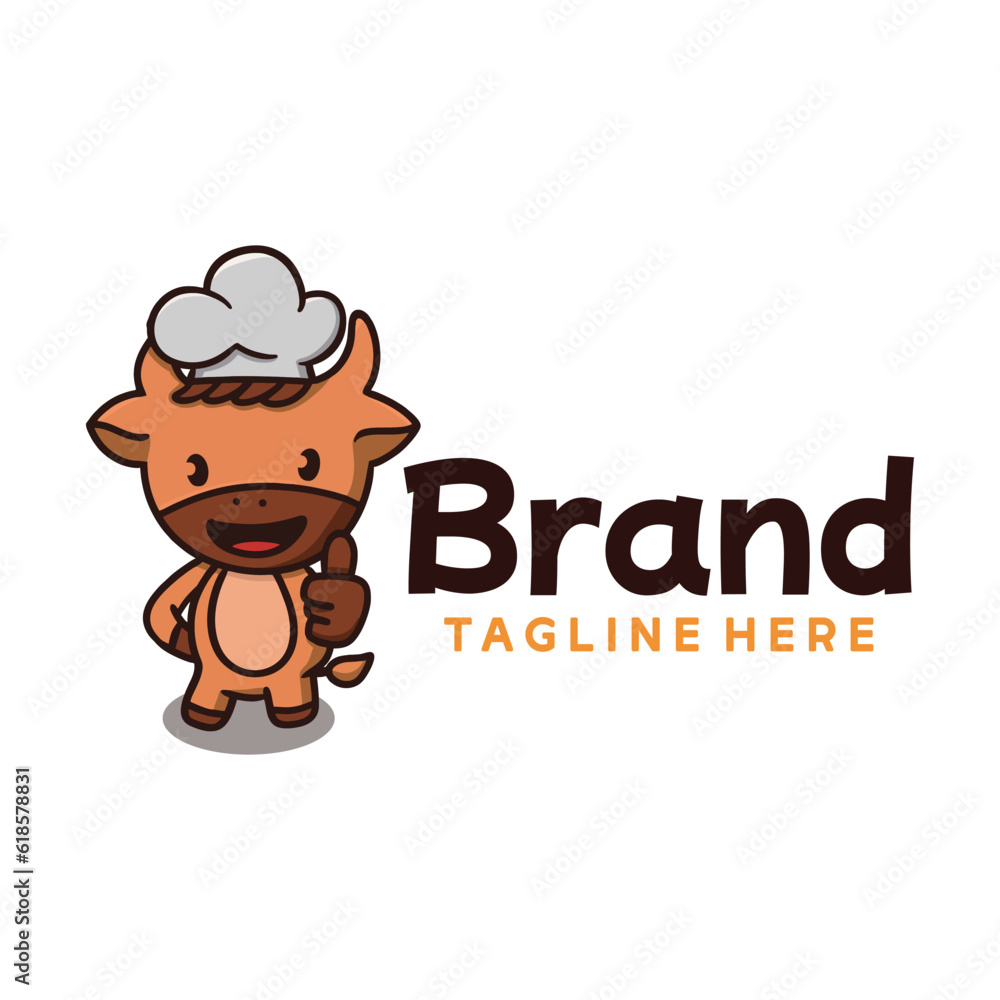 Cute Cow Chef Mascot Thumbs Up Food Logo Design