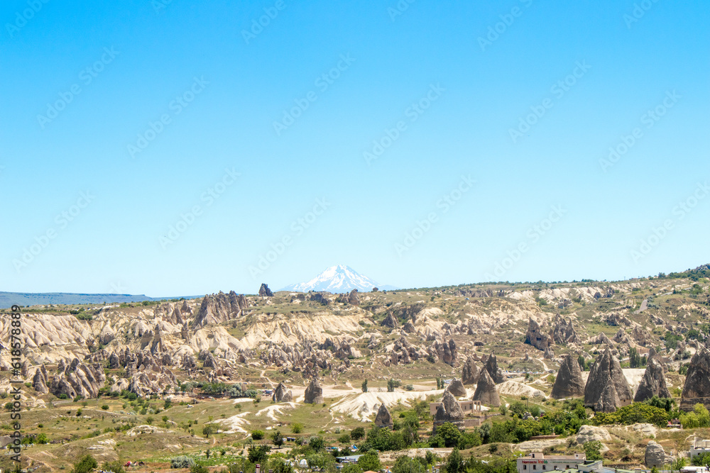 goreme and erciyes mountain panoramic shot. Beautiful valley shot.